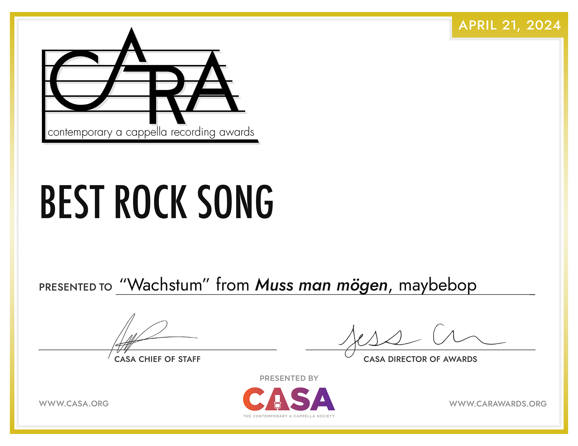 CARA certificate “Best Rock Song 2024” for „Wachstum”